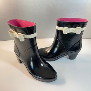 KATE SPADE NY Paloma Black Rain Booties w/Heel & Ivory Bow Women's 6